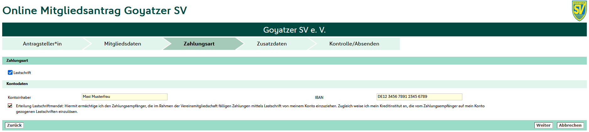 DFBnet-Formular für Zahlungsart und Lastschriftmandat