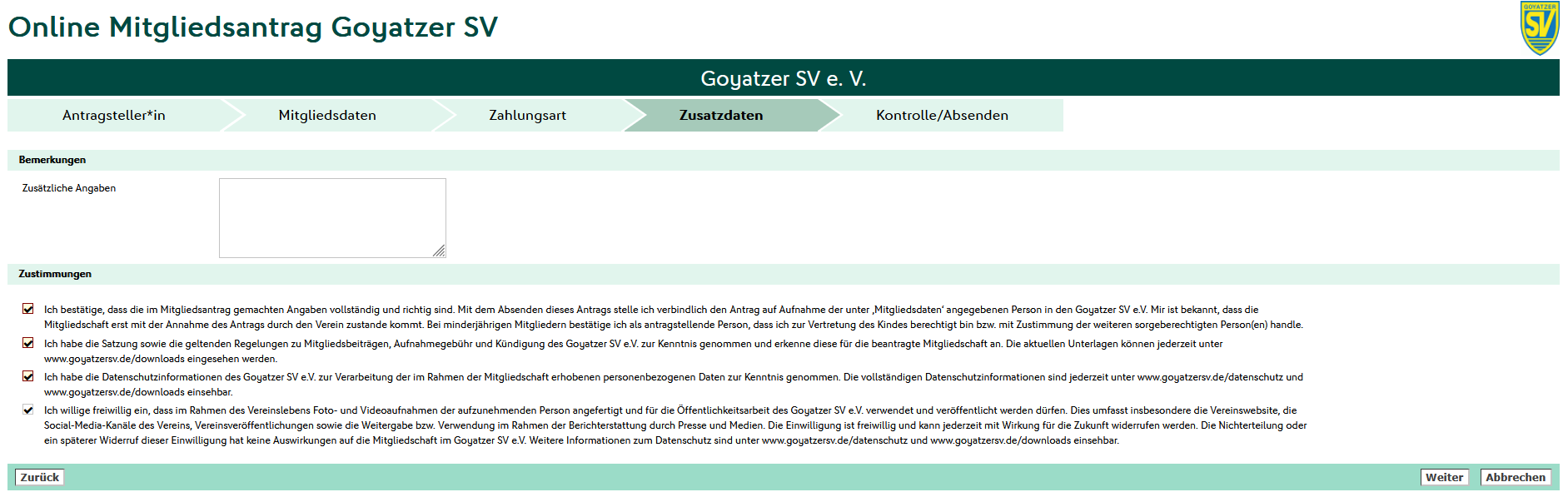 DFBnet-Formular für Zusatzdaten und Zustimmungen