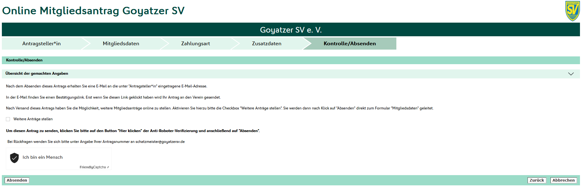 DFBnet-Formular zur Kontrolle und zum Absenden des Antrags